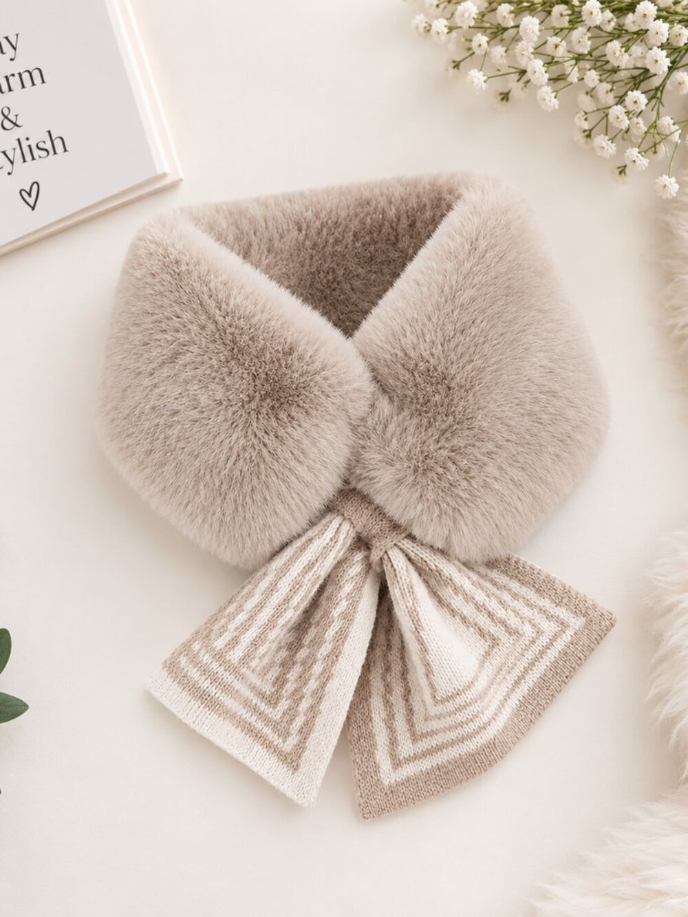 # Women Winter Faux Fur Neck Warmer Strip Knit Cross Scarf Plush Collar Wrap